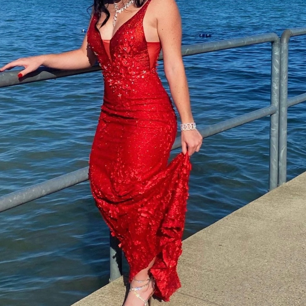 Size 2, red prom dress with built in cups